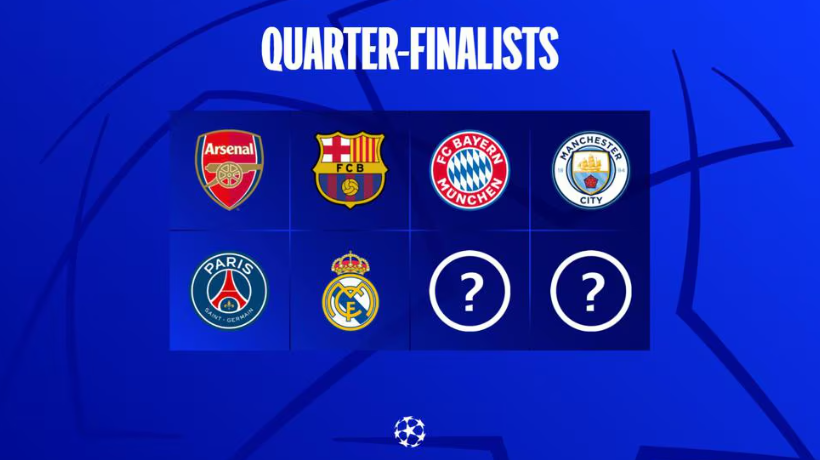 23/24시즌 UCL UEFA 챔피언스리그 8강 진출 팀 아스날&#44; FC 바르셀로나&#44; 바이에른 뮌헨&#44; 맨체스터 시티&#44; 파리 생제르망&#44; 레알 마드리드
