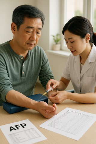 병원에서 혈액검사를 받는 환자와 검사결과지