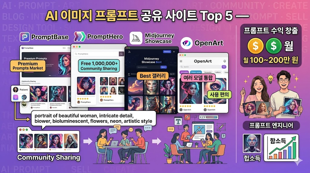 "AI 이미지 프롬프트 공유 사이트 Top 5 비교 및 프롬프트 엔지니어 수익 창출 방법을 보여주는 비즈니스 인포그래픽 일러스트"
