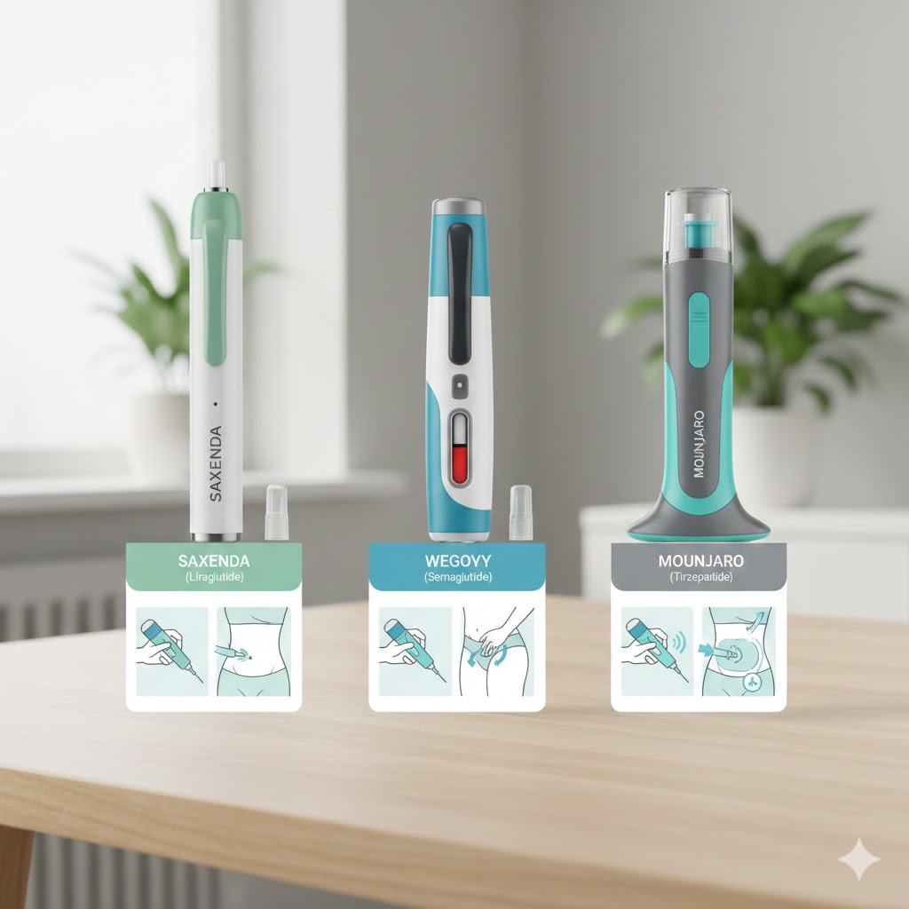 삭센다, 위고비, 마운자로 펜의 디자인과 투여 방식을 보여주는 비교 사진