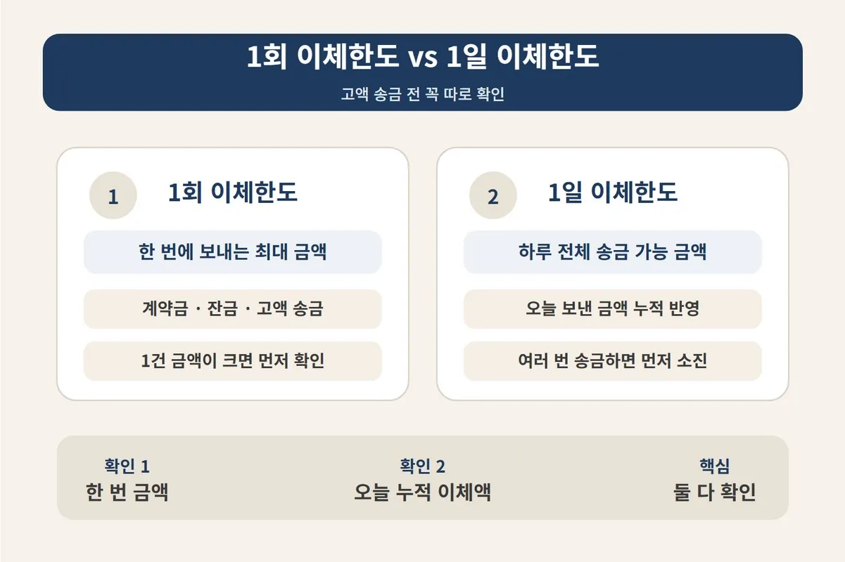 농협 인터넷뱅킹 1일 이체한도 체크리스트에서 1회 이체한도와 1일 이체한도의 차이를 고액 송금 기준으로 비교한 이미지