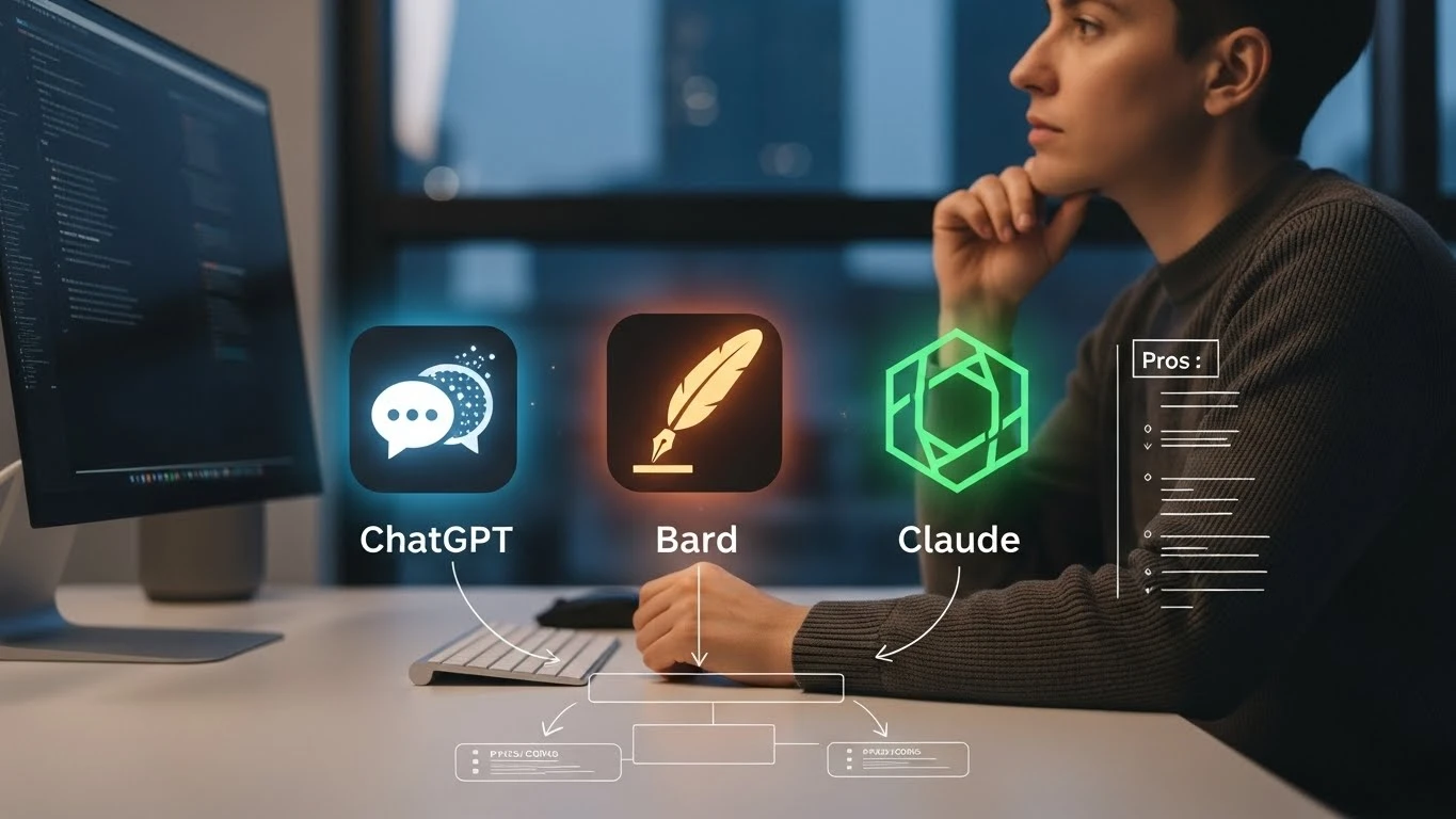 사용자가 개인의 필요에 맞춰 챗GPT, 바드, 클로드 중 적합한 AI 글쓰기 도구를 선택하는 모습.