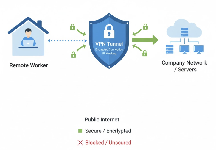 재택근무 환경에서 직원이 VPN 터널을 통해 집에서 기업 네트워크에 안전하게 연결되는 보안 및 원격 접속 흐름도