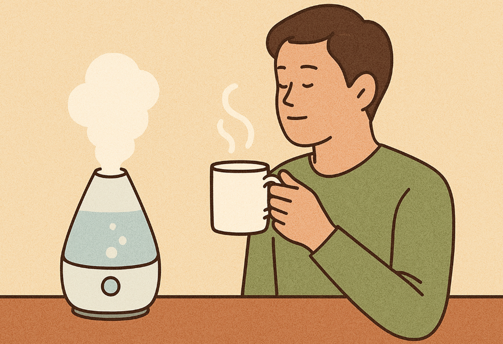 가습기와 따듯한물을 마시는 남자