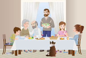 6명의 식구가 같이 밥을 먹는 그림