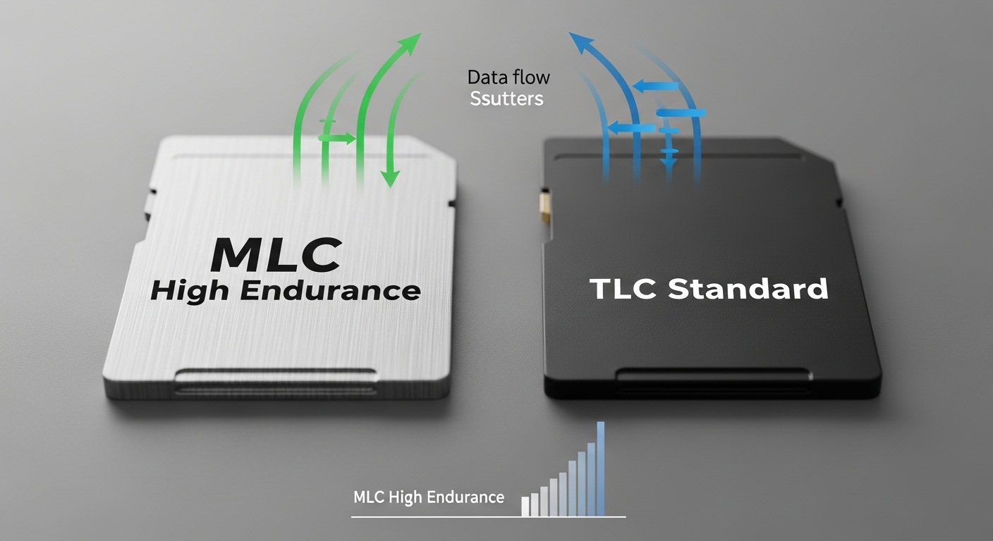 MLC와 TLC 타입의 블랙박스용 SD카드를 비교하는 클로즈업 이미지.