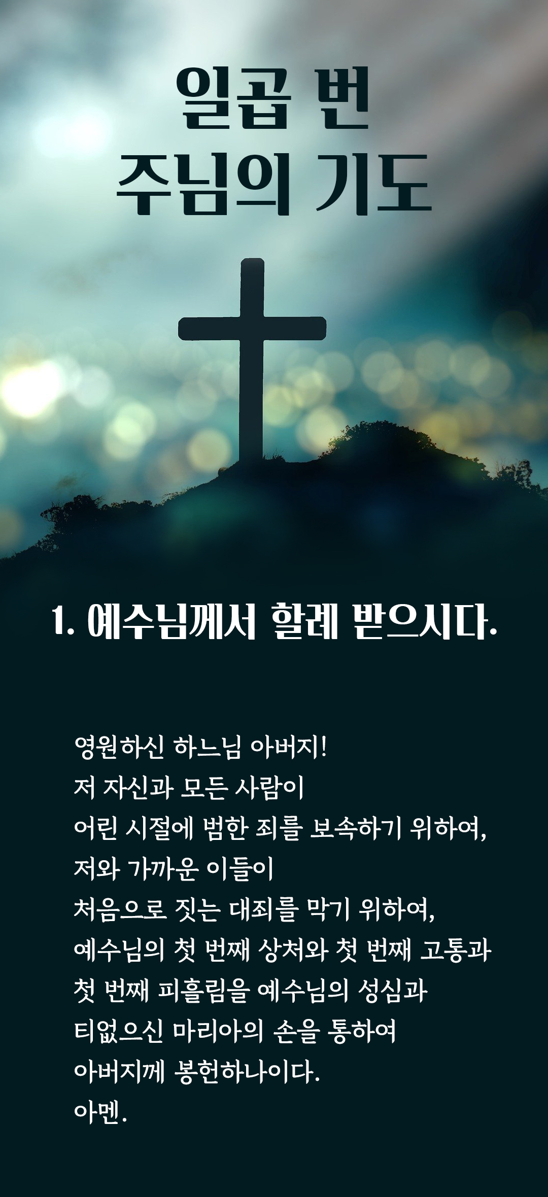 성녀 비르지타(St. Birgittas : 스웨덴 성인 비르짓다)의 일곱 번 주님의 기도 1. 예수님께서 할례 받으시다 : 영원하신 하느님 아버지! 저 자신과 모든 사람이 어린 시절에 범한 죄를 보속하기 위하여&#44; 저와 가까운 이들이 처음으로 짓는 대죄를 막기 위하여&#44; 예수님의 첫 번째 상처와 첫 번째 고통과 첫 번째 피흘림을 예수님의 성심과 티없으신 마리아의 손을 통하여 아버지께 봉헌하나이다. 아멘.