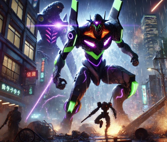 도시 한가운데에서 벌어지는 격렬한 전투, 메카와 그림자 같은 적의 충돌