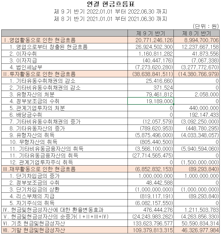 덕산네오룩스 - 현금흐름표