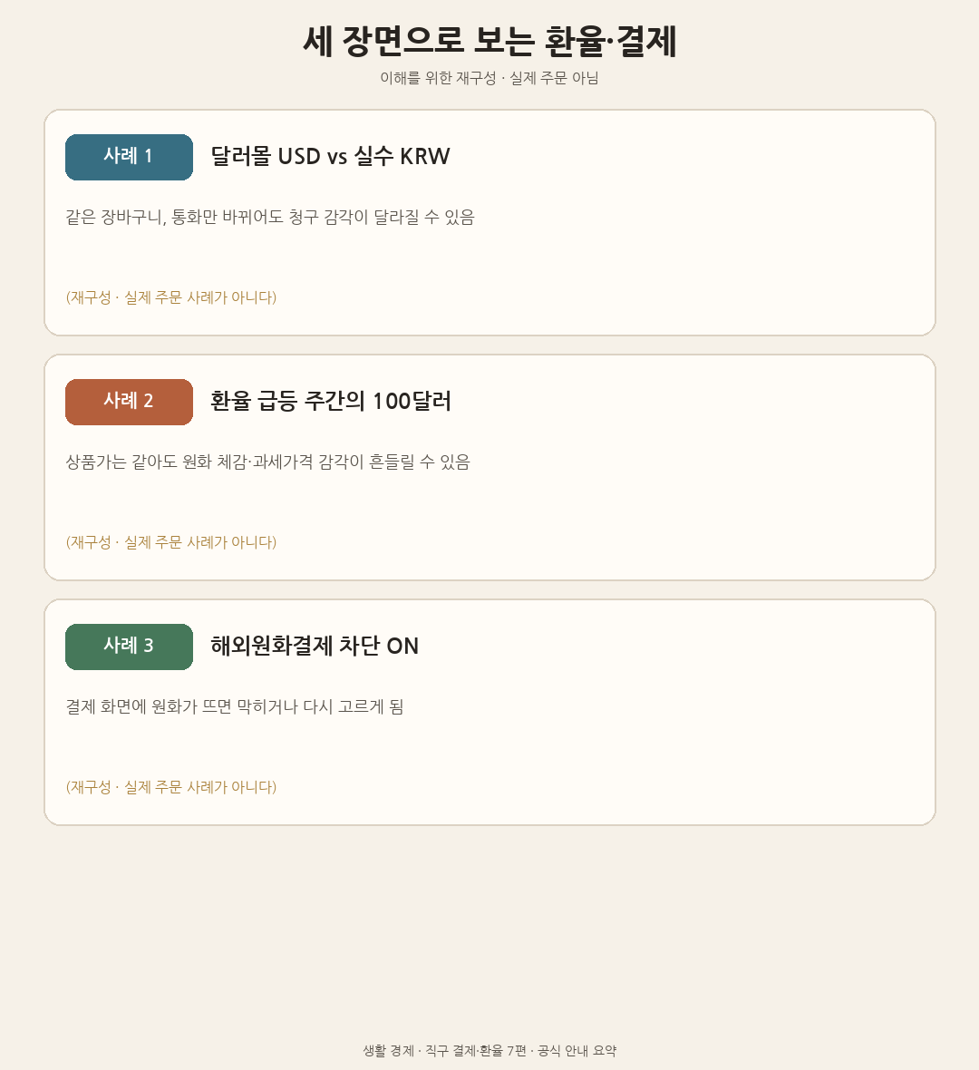달러몰 USD&middot;환율 급등 주간&middot;해외원화결제 차단 ON의 세 장면을 비교한 도해