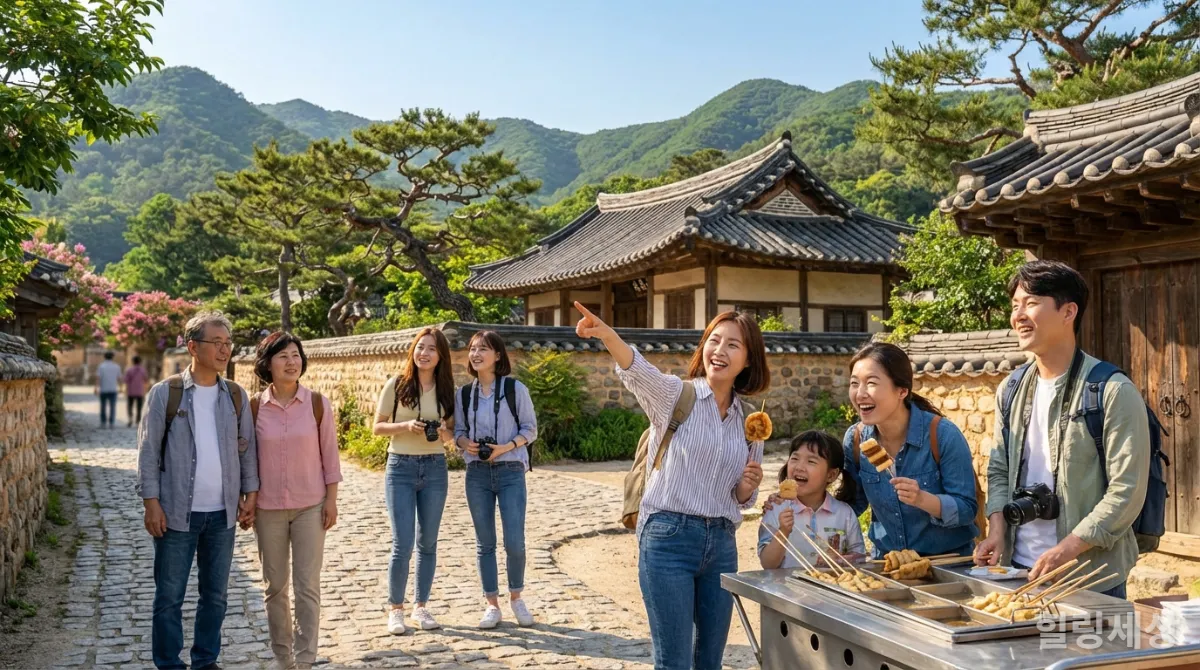 한국의 한적한 마을에서 지역 특산물을 즐기며 여행하는 다양한 연령대의 한국인 여행객들