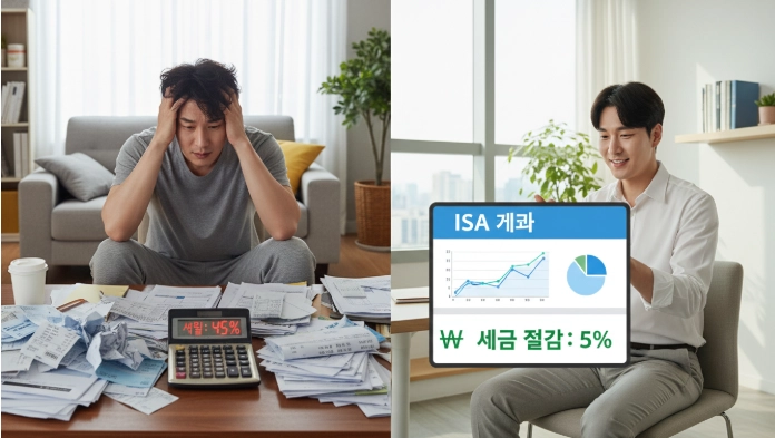 ISA 계좌 가입 전 복잡한 세금 문제로 고민하는 한국인 남성과 ISA 가입 후 스마트한 비과세 혜택으로 미소 짓는 남성의 모습을 비교한 이미지.