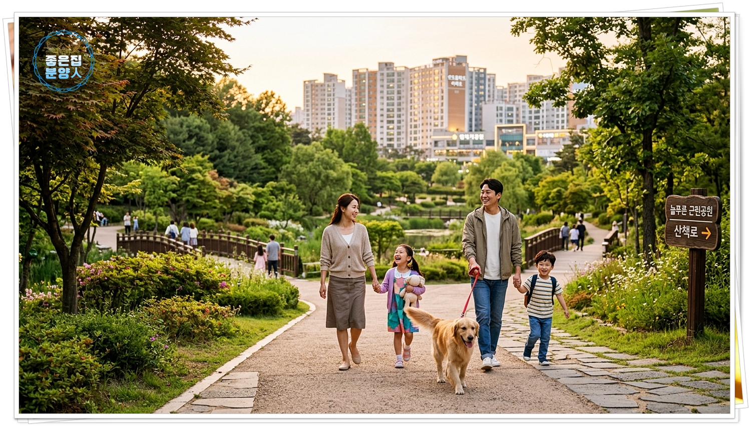 아파트 단지와 바로 연결된 넓고 쾌적한 숲속 산책로에서 반려견과 함께 산책을 즐기는 행복한 가족의 모습