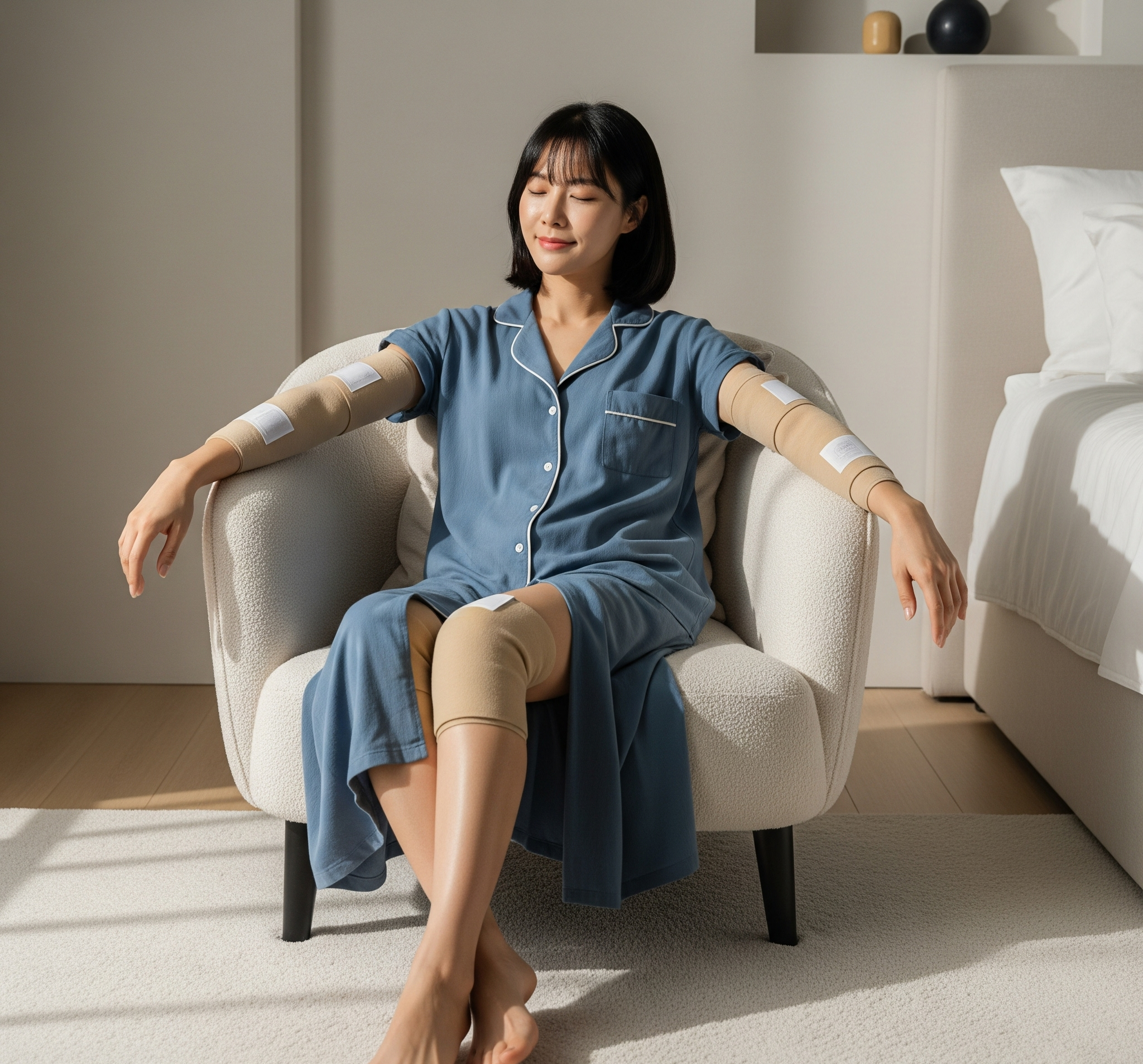 팔뚝과 허벅지에 랩핑을 부착하고 편안하게 앉아있는 한국 여성의 모습