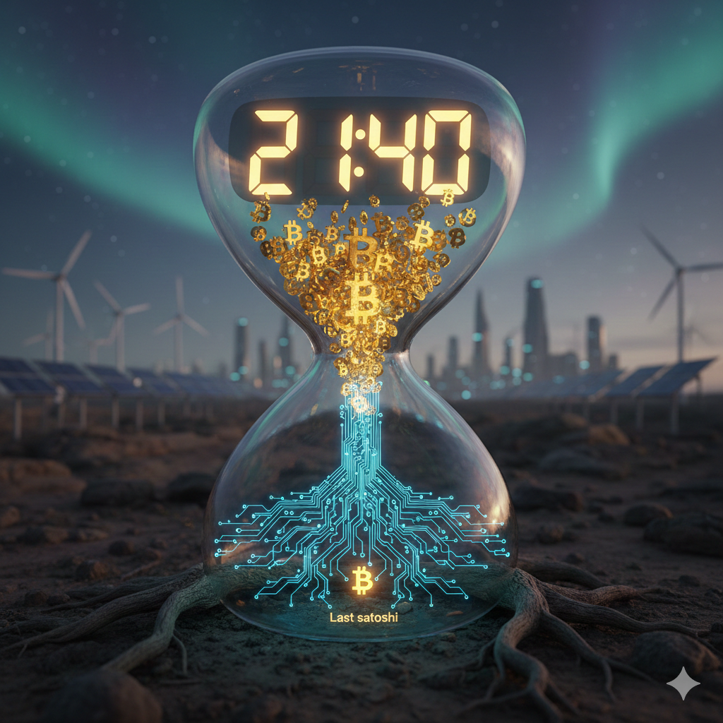 오로라가 일렁이는 밤하늘 아래, 거대한 모래시계 속에 비트코인들이 담겨 있는 초현실적인 이미지에요. 모래시계 상단에는 채굴 종료 연도인 2140이 선명하게 빛나고 있으며, 하단으로 쏟아진 비트코인들이 푸른색 회로 뿌리로 변해 땅속으로 깊게 뻗어 나가는 모습은 비트코인이 미래의 견고한 금융 인프라로 뿌리내리는 과정을 시각화하고 있어요.