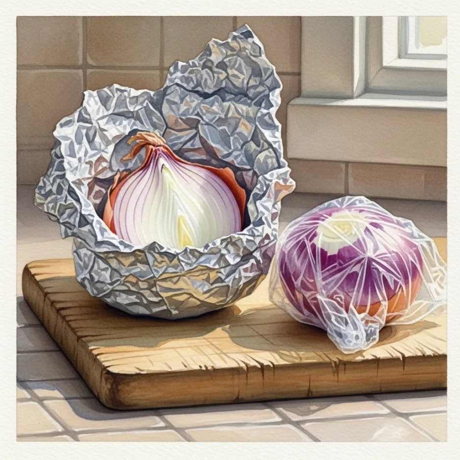 호일과 랩으로 감싸 보관하는 양파 단면