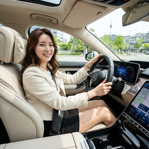 벤츠 차량을 운전하고 있는 모습