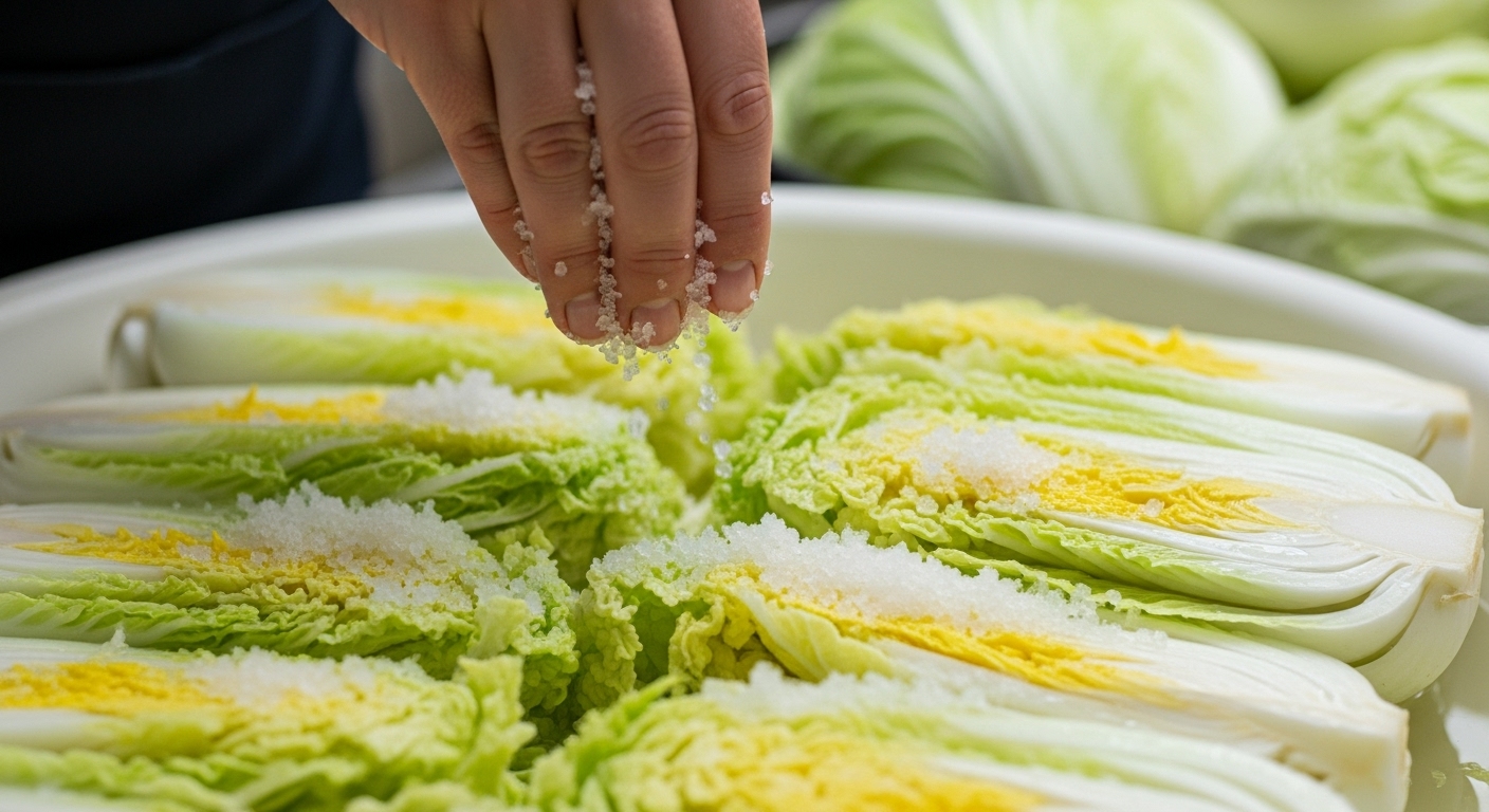 신선한 배추를 소금에 골고루 절이는 손의 클로즈업 이미지.