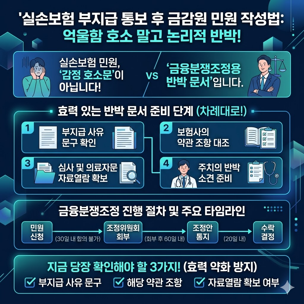 실손보험 부지급 통보 이후 금감원 민원 작성 절차와 반박 문서 준비 과정을 정리한 인포그래픽