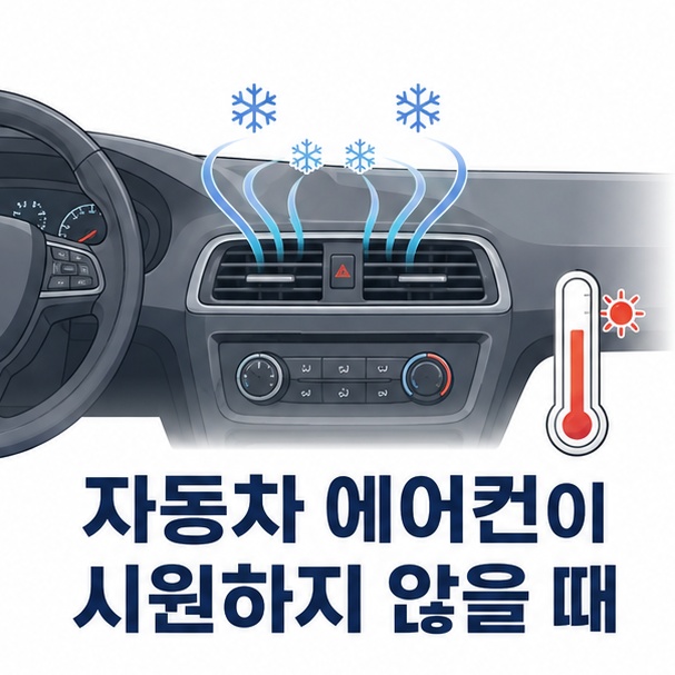 자동차 송풍구에서 나오는 바람과 온도계로 에어컨이 충분히 시원하지 않은 상황을 표현한 이미지
