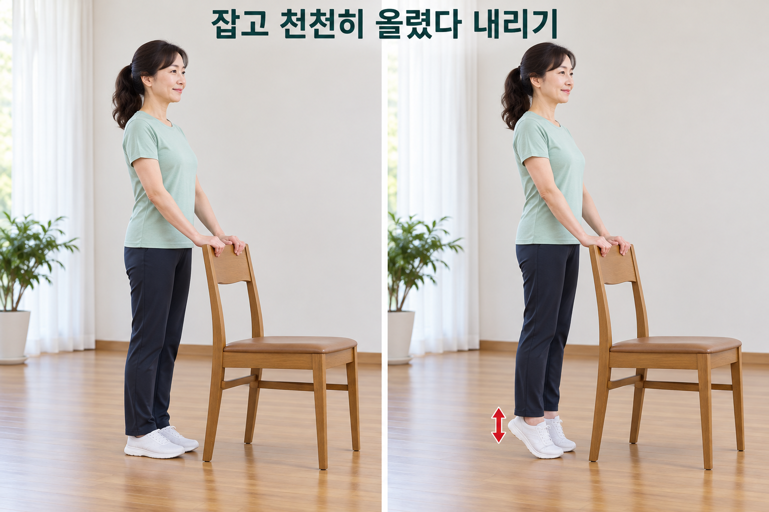 안정된 의자 등받이를 잡고 양쪽 뒤꿈치를 천천히 들어 올리는 성인