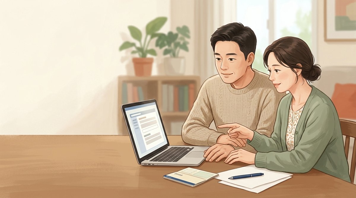 부부가 함께 노트북으로 장려금을 신청하는 모습
