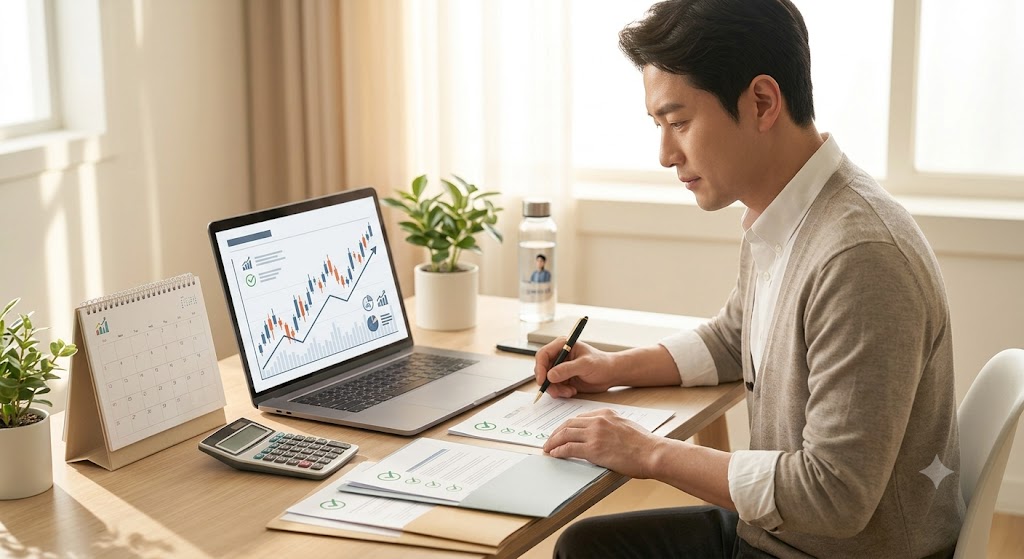 투자자가 미국주식 세금 체크리스트를 확인하는 마무리 이미지