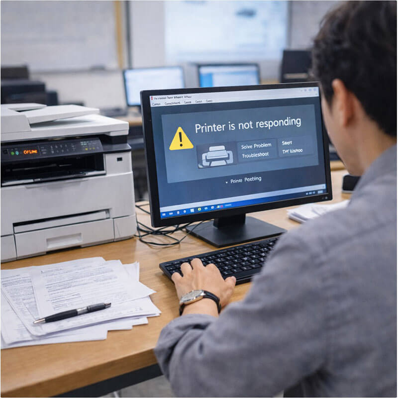 수업 자료를 급하게 출력해야 하는 상황에서 멈춘 프린터와 컴퓨터 화면을 함께 확인하는 작업 장면