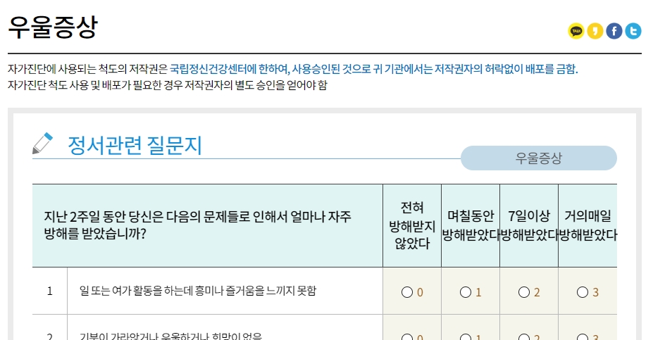 우울증 자가진단 9개 문항 체크리스트 예시