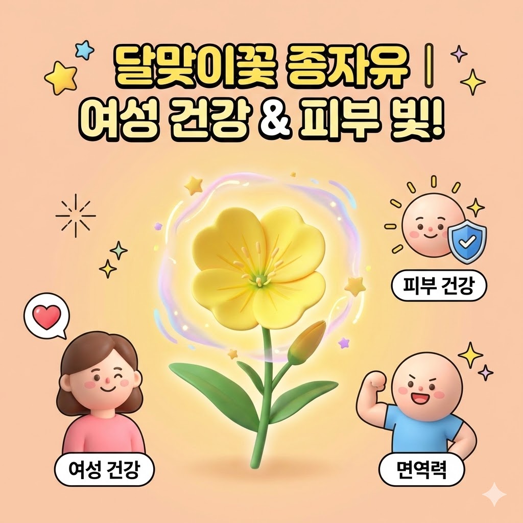 달맞이꽃 종자유 효능을 3D 카툰 스타일로 표현한 이미지. 여성 건강, 피부 빛, 면역력 강화를 상징하는 귀여운 캐릭터들이 달맞이꽃 종자유 캡슐 주변에 행복하게 모여있는 모습.