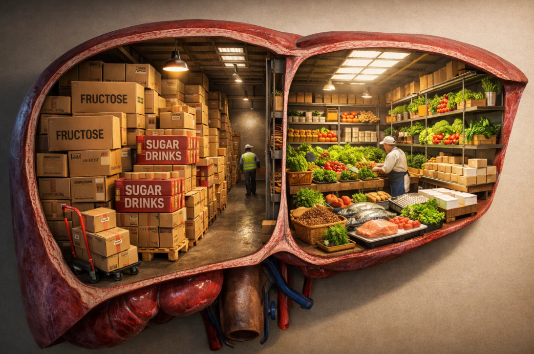 과당과 당 음료가 쌓인 간 창고와 신선 식품으로 정리된 간을 비교한 개념 이미지