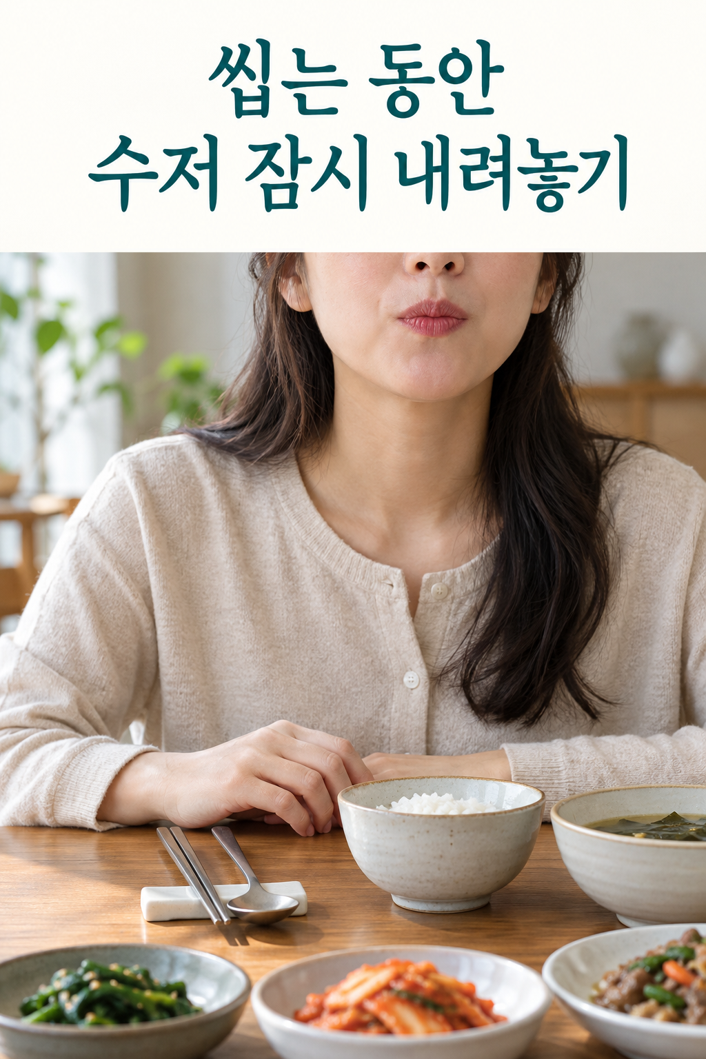 식탁에서 음식을 씹는 동안 수저를 받침에 내려놓은 손