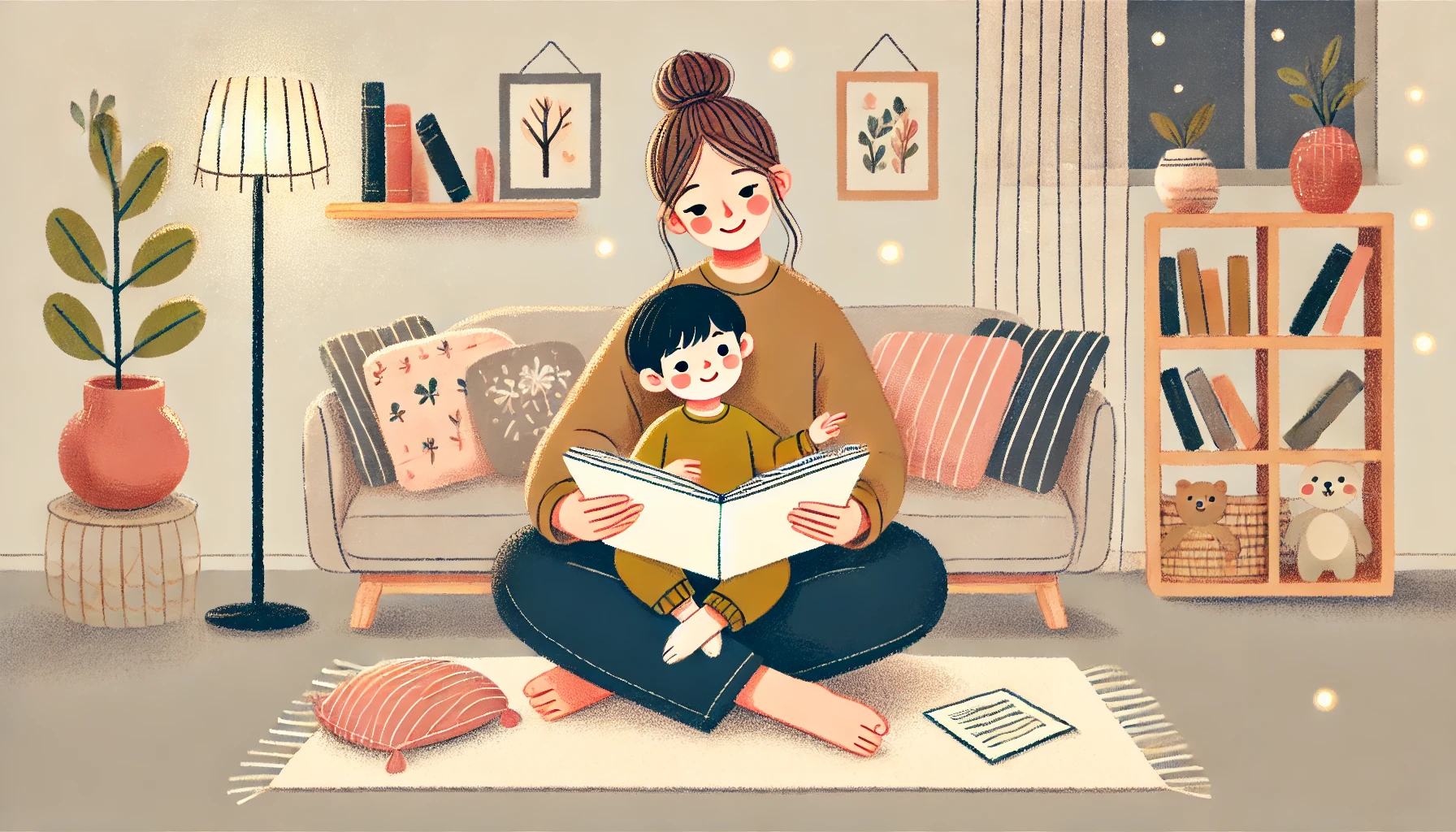 엄마와 아이가 따뜻한 분위기의 거실에서 함께 책을 읽는 모습