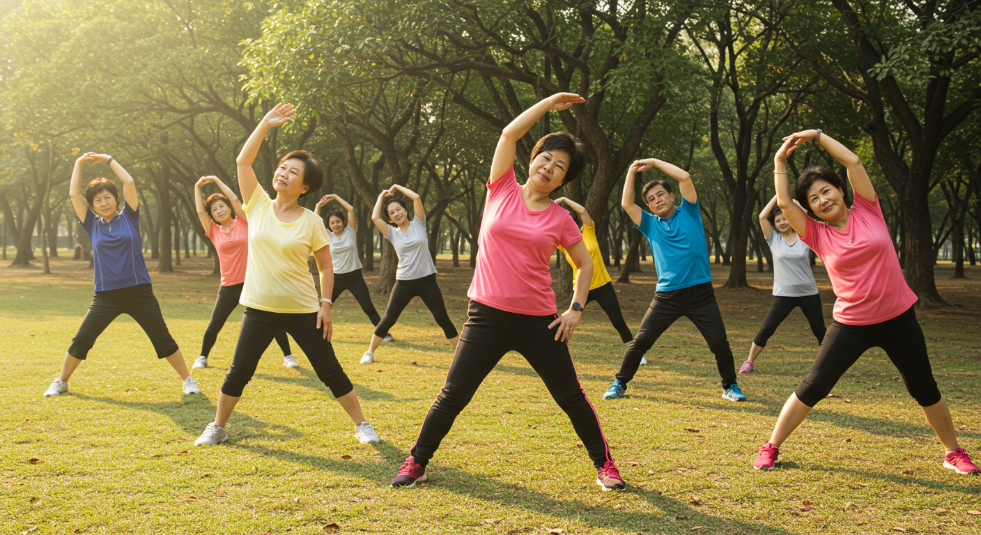 야외 공원에서 아침 햇살을 받으며 단체로 스트레칭 운동을 하는 중장년 남녀의 모습