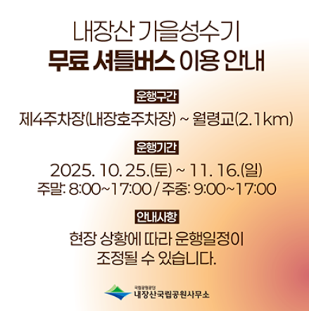 내장산 단풍 절정기, 주변 식당, 무료 셔틀버스