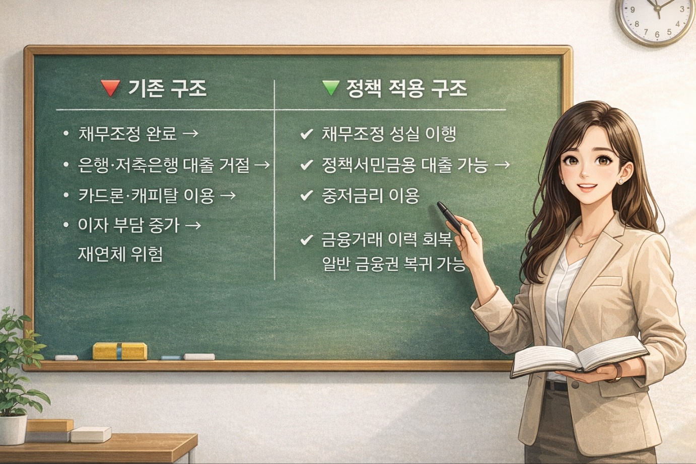 채무조정 이후 기존 금융 구조와 정책 적용 후 금융 지원 구조를 비교해 설명하는 장면으로, 성실 상환 시 정책서민금융 대출과 금융 거래 회복이 가능해지는 흐름을 칠판에 정리한 이미지