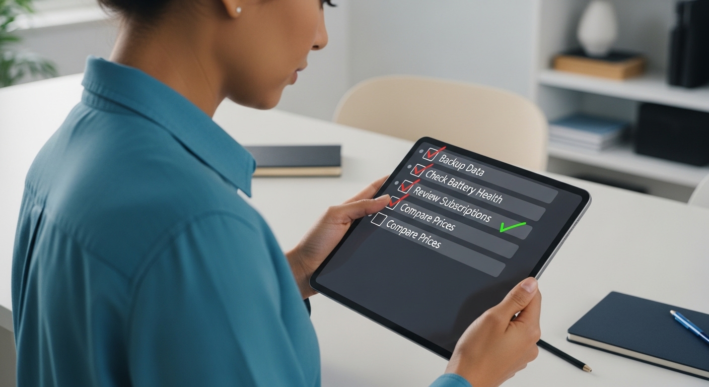 태블릿 화면에 표시된 '데이터 백업', '배터리 성능 확인' 등 스마트폰 교체 전 체크리스트를 확인하는 모습.