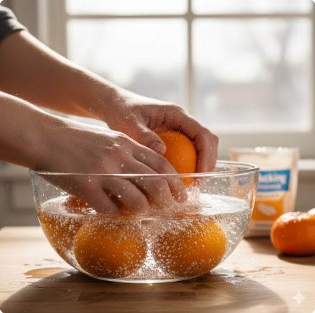 베이킹소다를 푼 물에 귤을 담가 세척하는 이미지