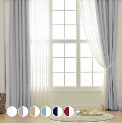 아일렛형 긴창 솔리드 암막커튼 2p + 소프트 쉬폰커튼 2p + 끈 2p 세트