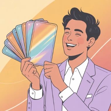 홀로그램 스티커 제작으로 행복해 하는 사람 모습 일러스트