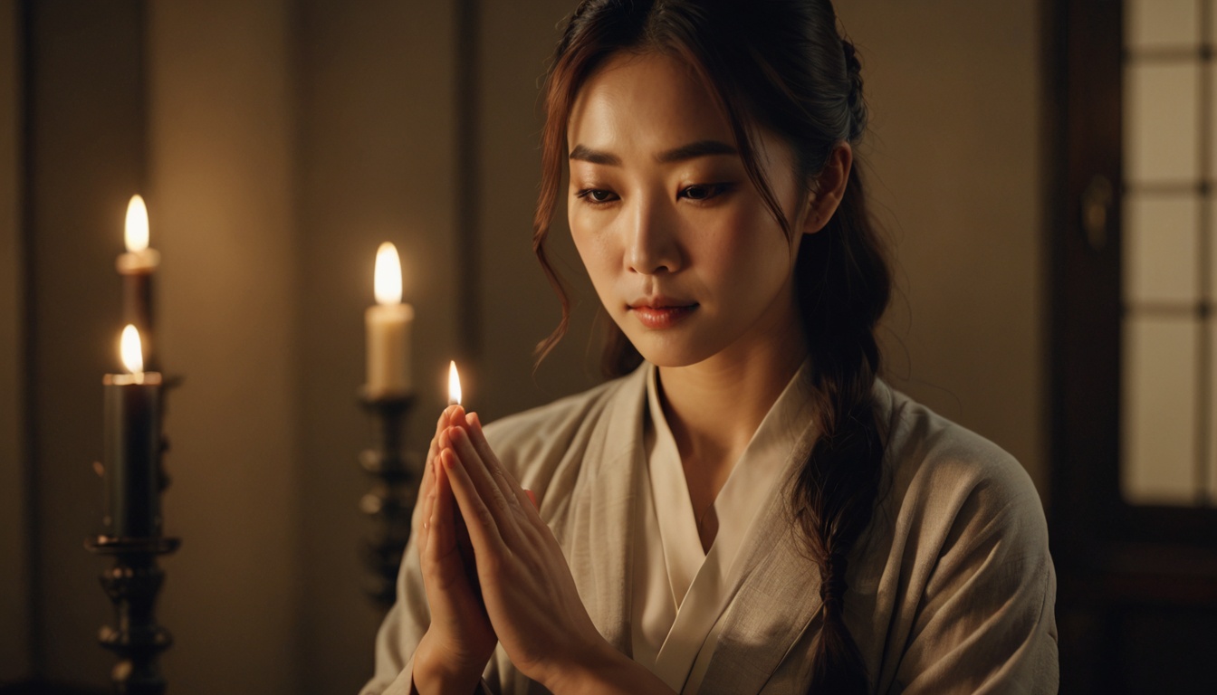 용화사에서 기도 정진 중인 청신녀