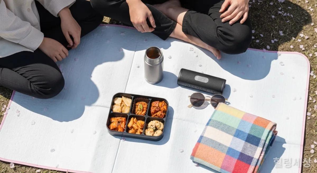 벚꽃 피크닉을 위한 도시락, 음료, 담요 등 필수 준비물