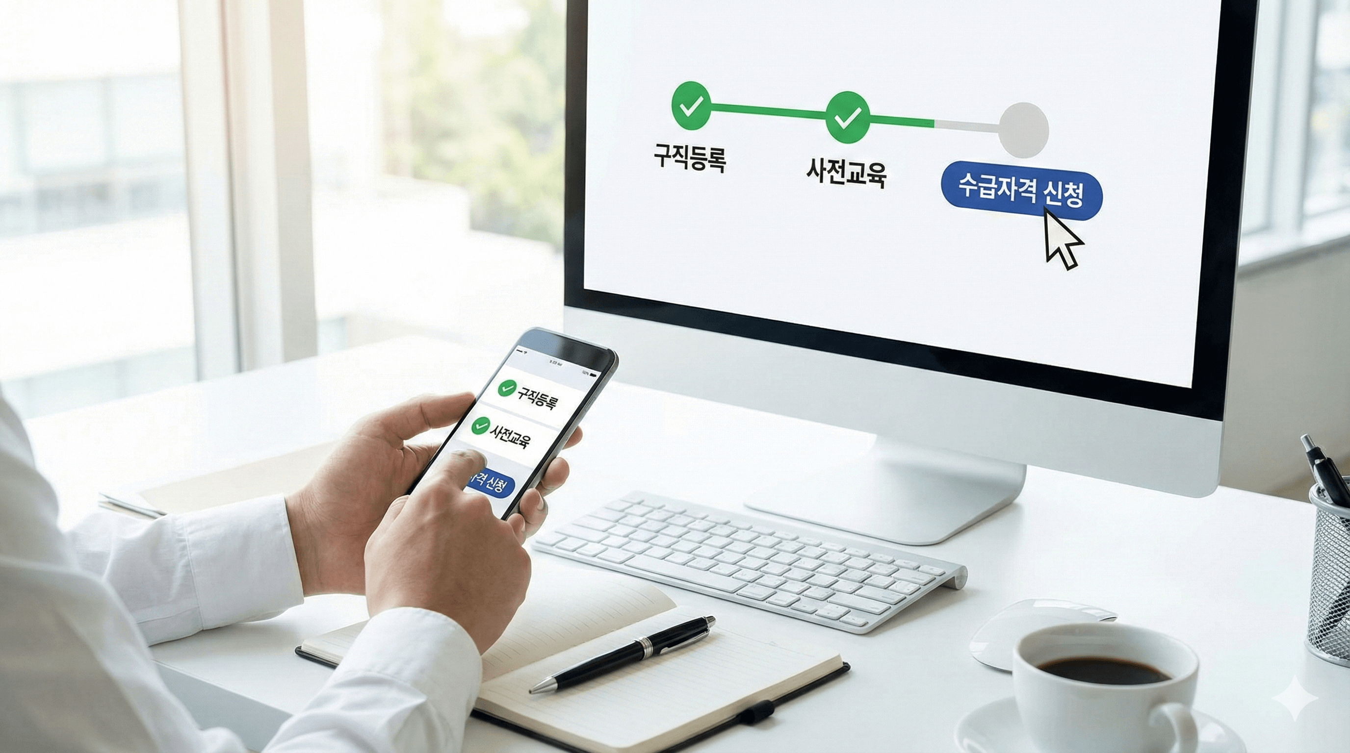 고용24에서 구직등록과 사전교육, 수급자격 신청을 단계별로 진행하는 모습