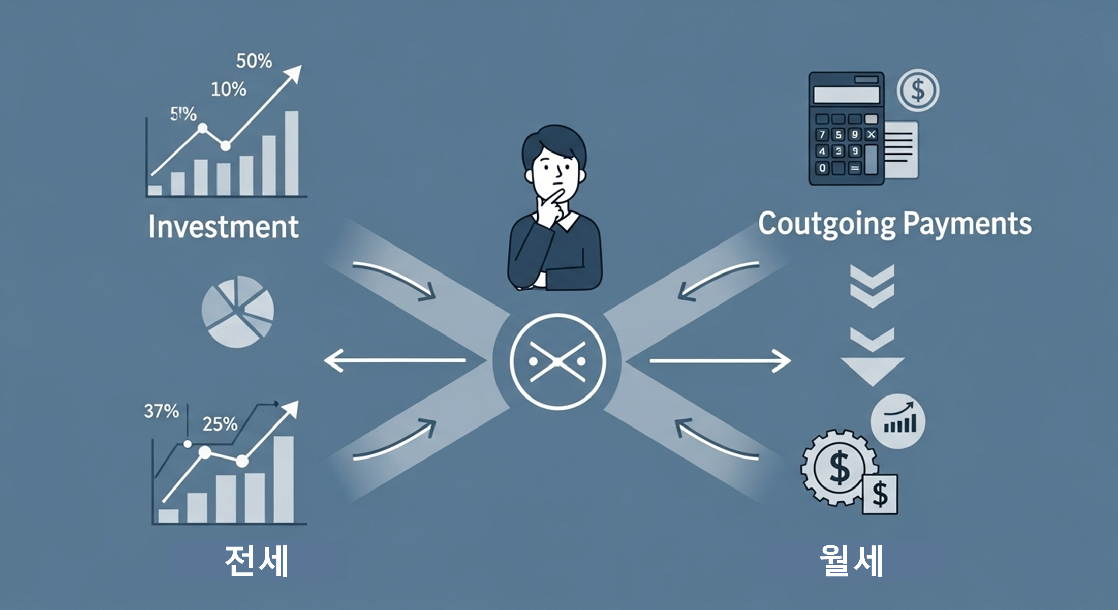 전세와 월세 중 어느 것이 자신에게 유리할지 그래프와 계산기를 보며 신중하게 결정하는 모습