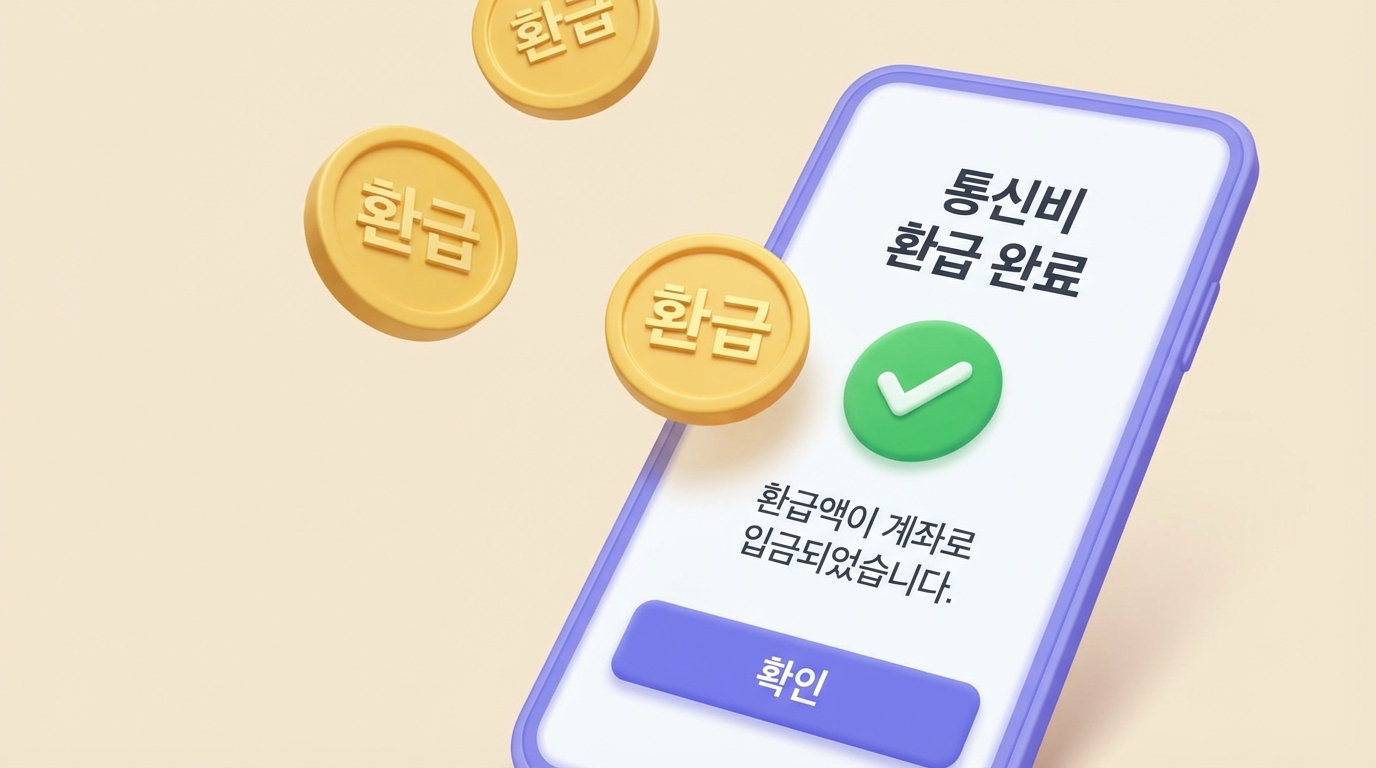 스마트폰을 이용해 통신비 환급금을 조회하고 신청하는 모습의 3D 이미지