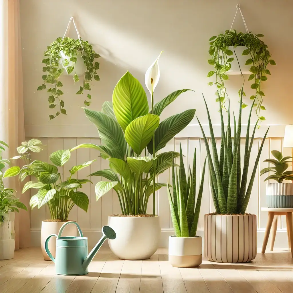 실내 식물 인테리어 및 물 주기 이미지