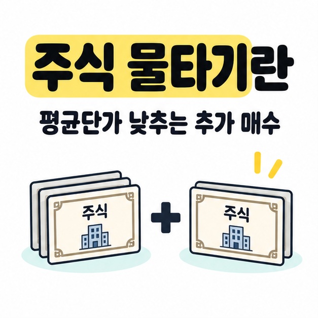 주식 물타기란 제목과 평균단가 낮추는 추가 매수 문구 아래 같은 회사 그림이 있는 주식 증서 묶음 두 개를 더하는 썸네일