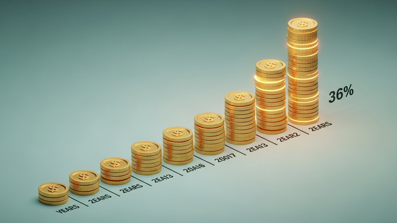 연금 수령 시기를 늦출수록 연 7.2%씩 가산되어 자산 가치가 커지는 과정을 보여주는 황금 동전 탑 그래픽