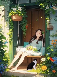 화사한-봄날-정원-그네-의자에앉아-깊은-잠에든-소녀