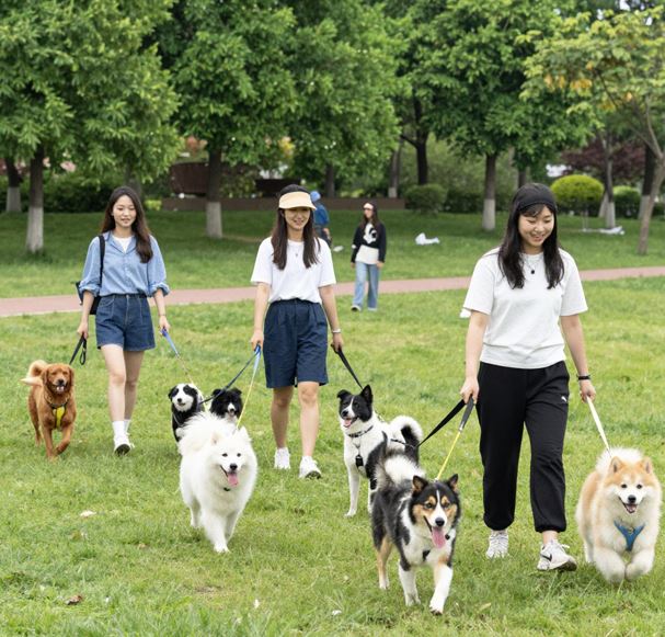공원에서 강아지 반려동물 모임을 가지고 있다.